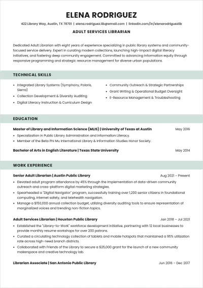 Free Adult Librarian ATS Resume Template, AI Resume Builder