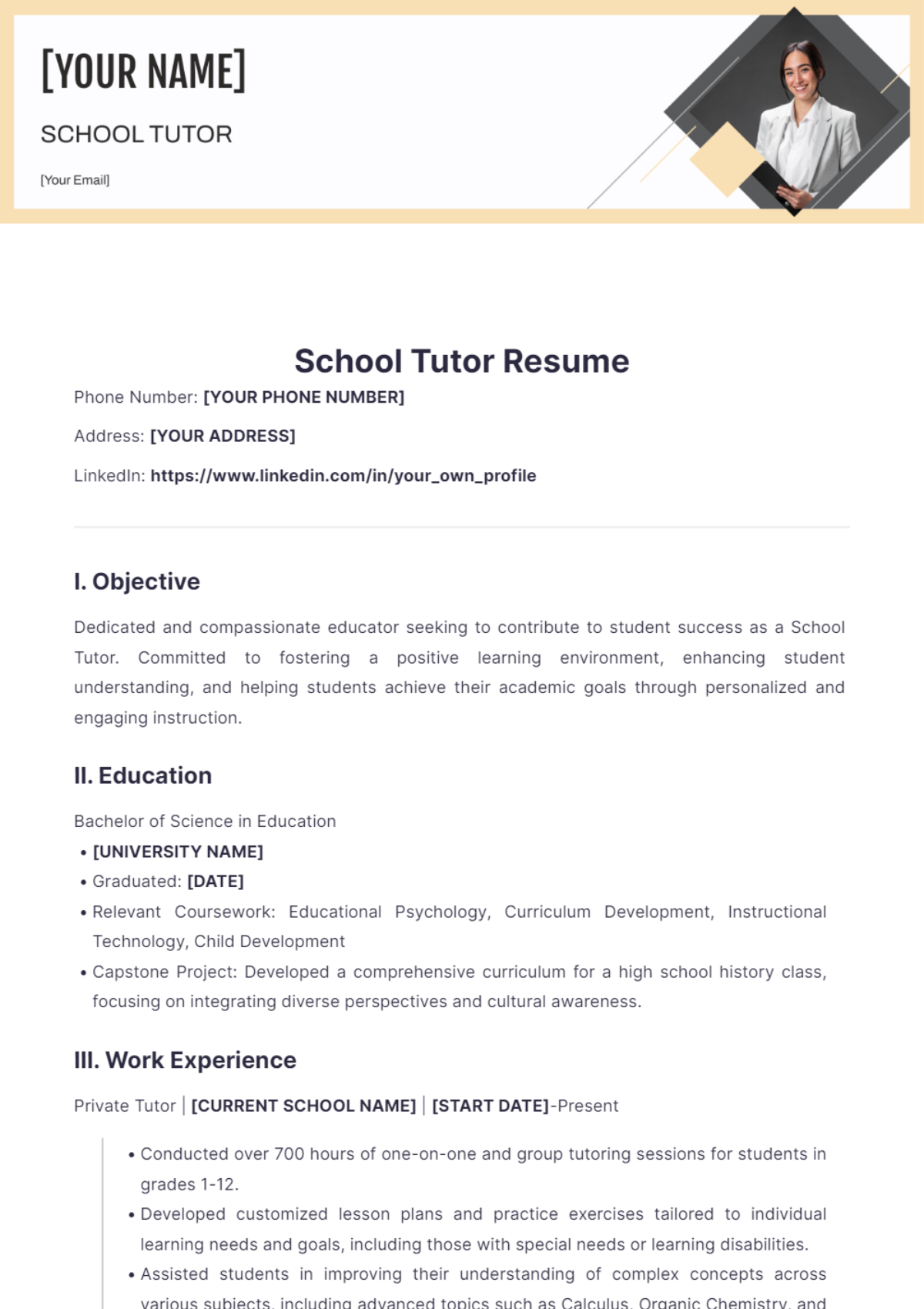 Free School Tutor Resume Template to Edit Online