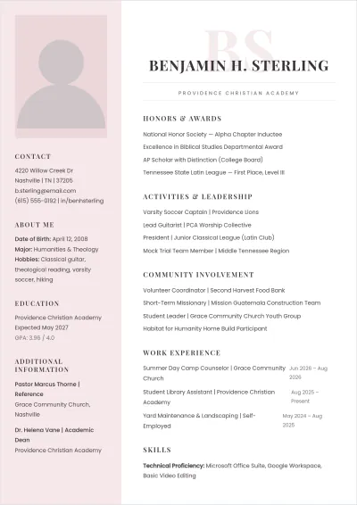 Free Christian School Student ATS Resume Template, AI Resume Builder