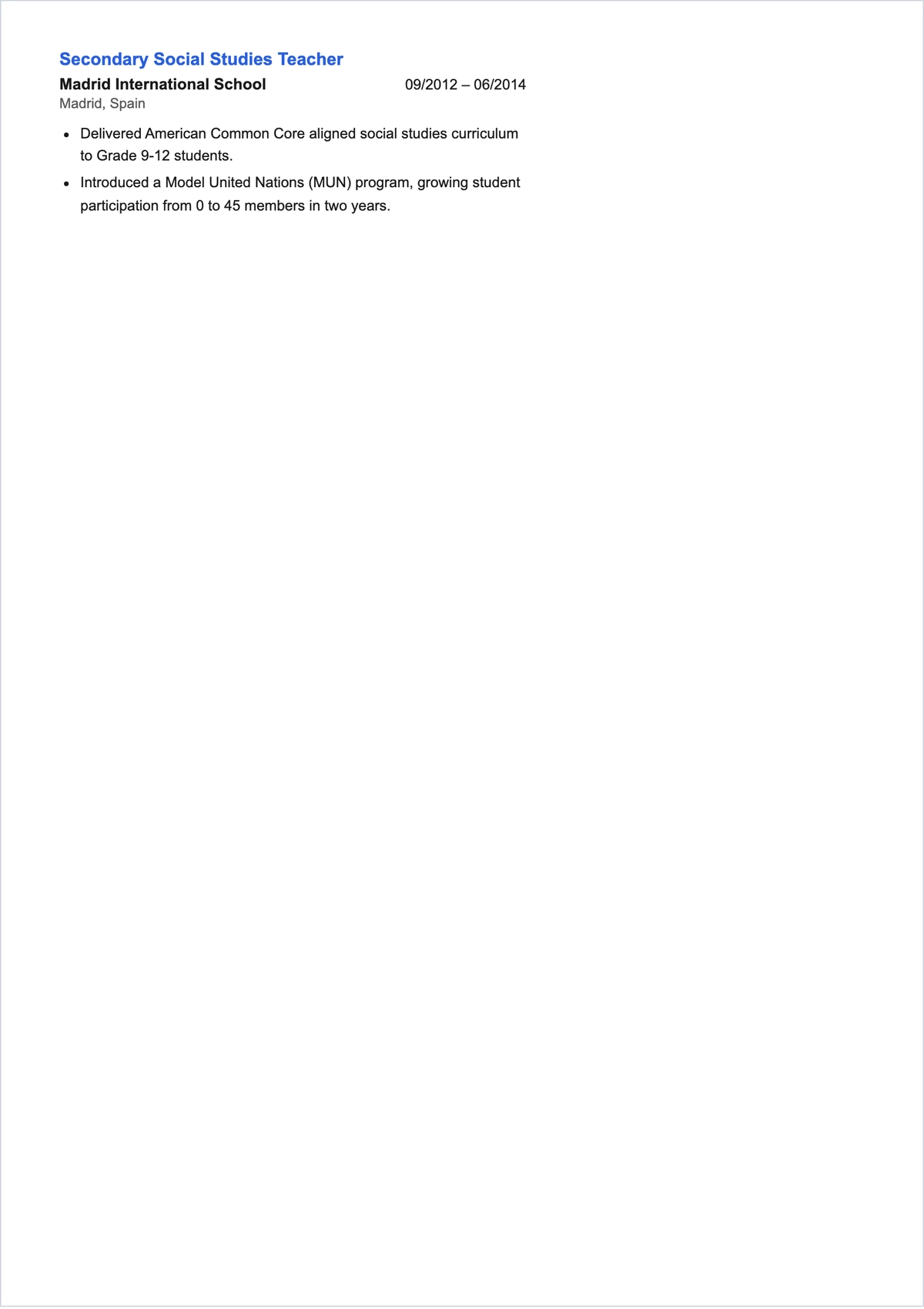Free International School Teacher ATS Resume Template