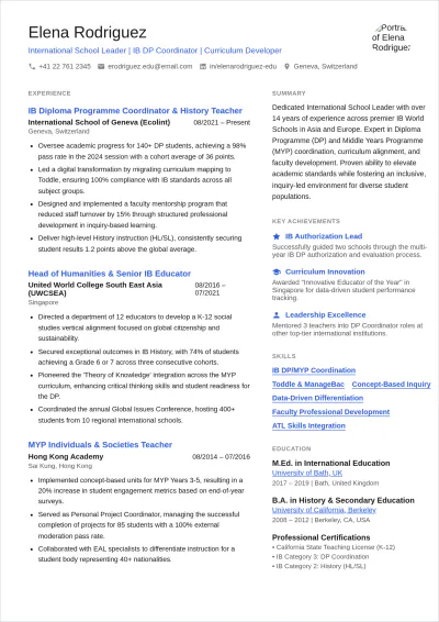 Free International School Teacher ATS Resume Template