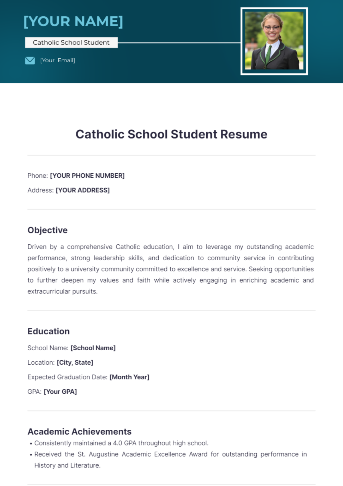 Catholic School Student Resume - Edit Online & Download