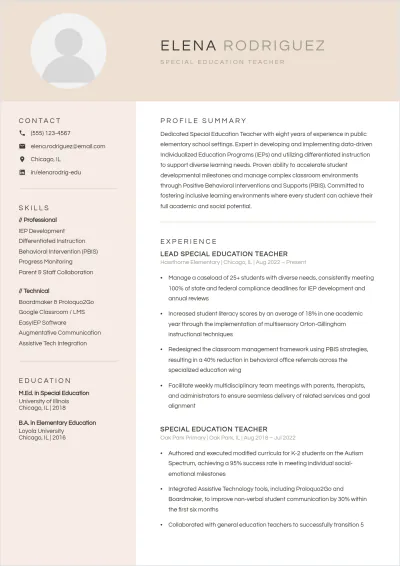 Free Special Education Teacher ATS Resume Template, AI Resume Builder