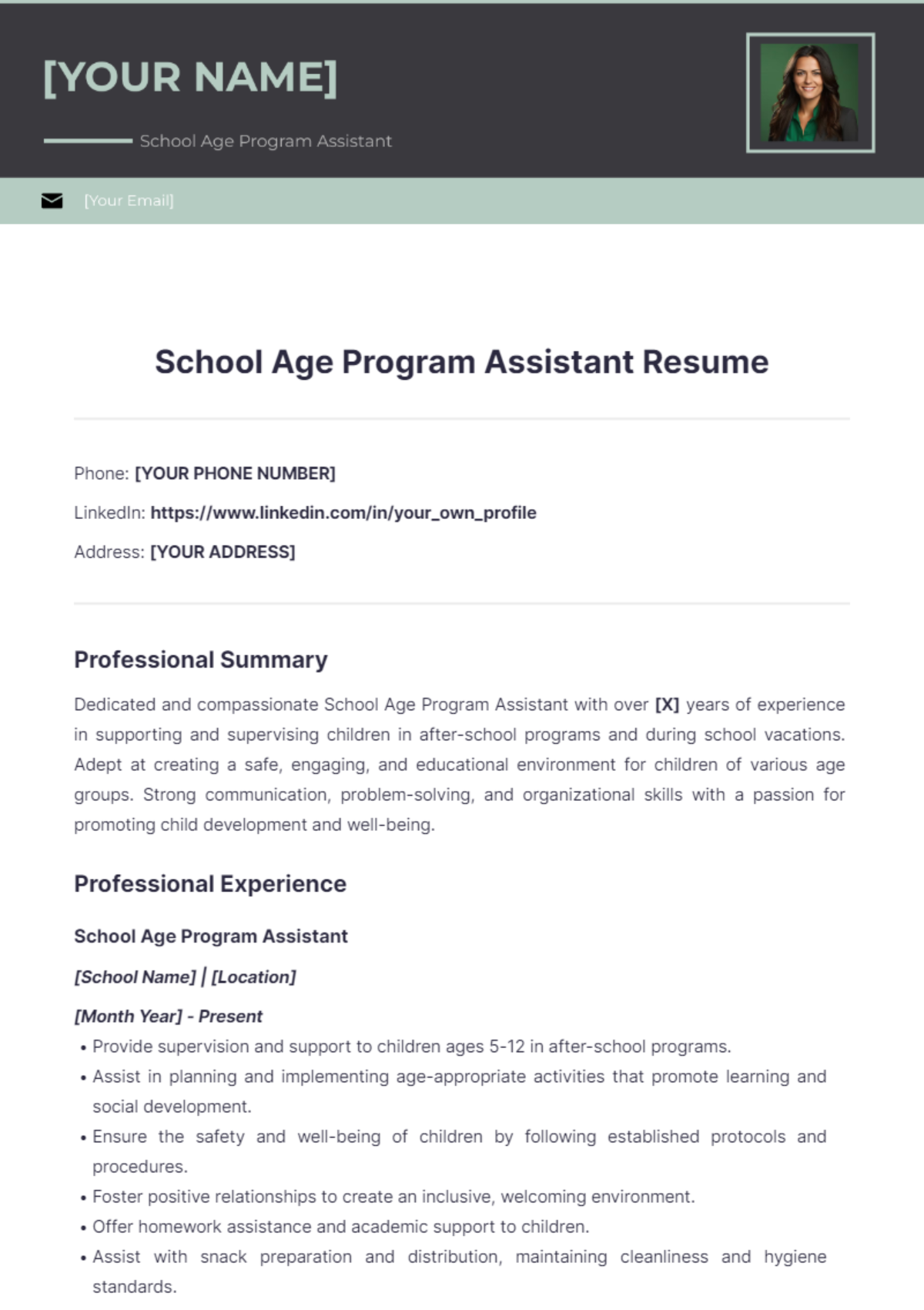 School Age Program Assistant Resume - Edit Online & Download