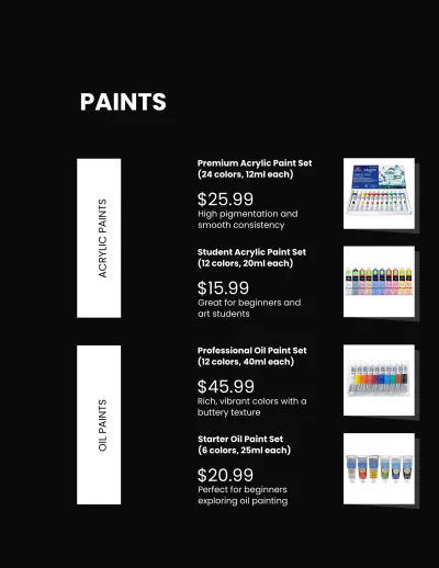 Free Art Material Catalog Template to Edit Online