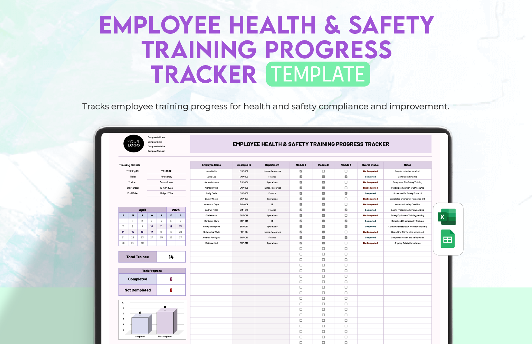 Employee Health & Safety Training Progress Tracker Template in Excel, Google Sheets