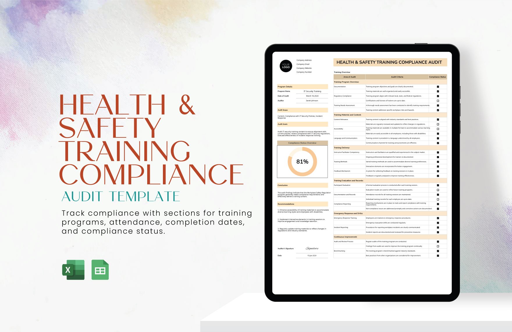 Health & Safety Training Compliance Audit Template in Excel, Google Sheets
