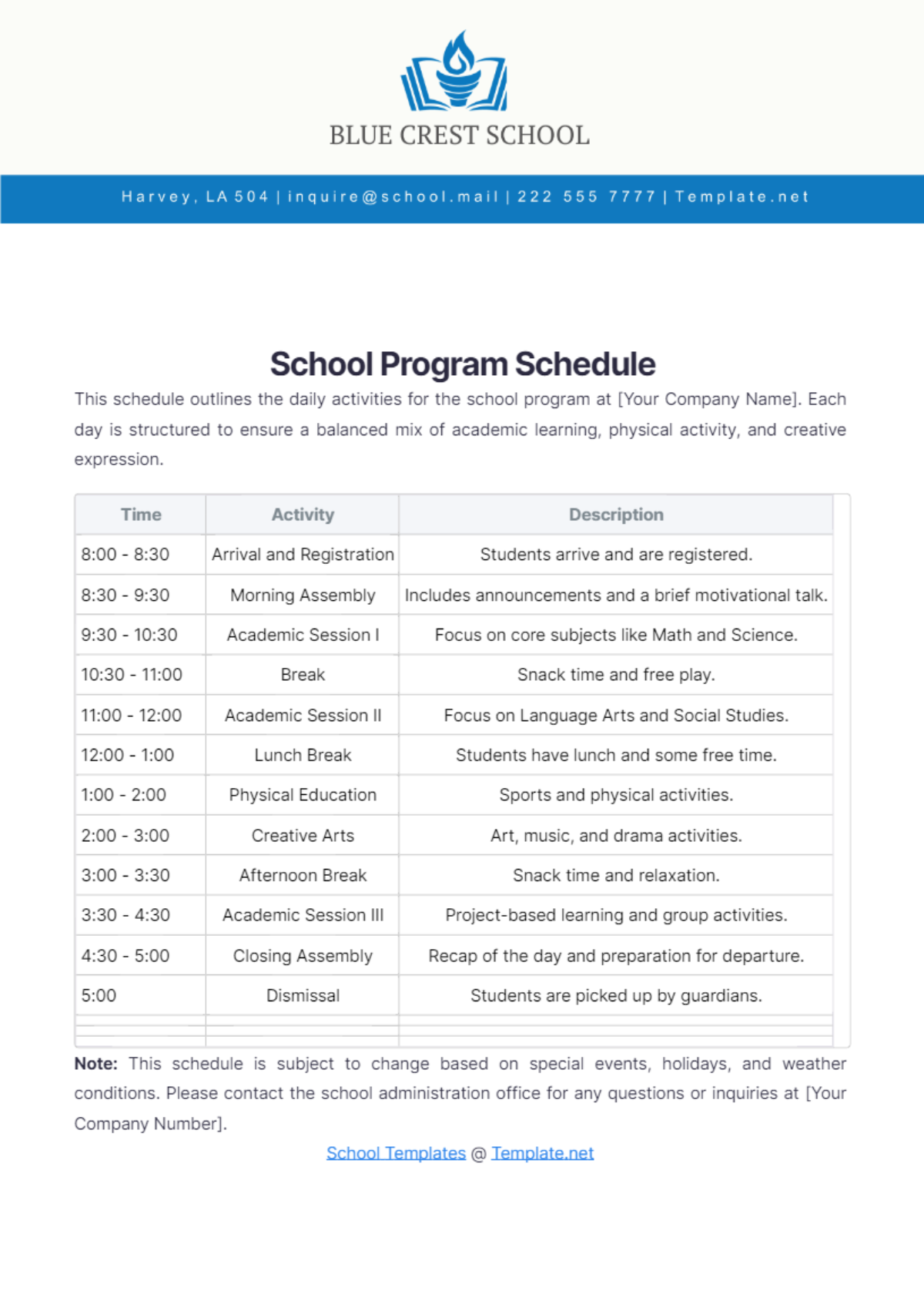 School Program Schedule Template - Edit Online & Download