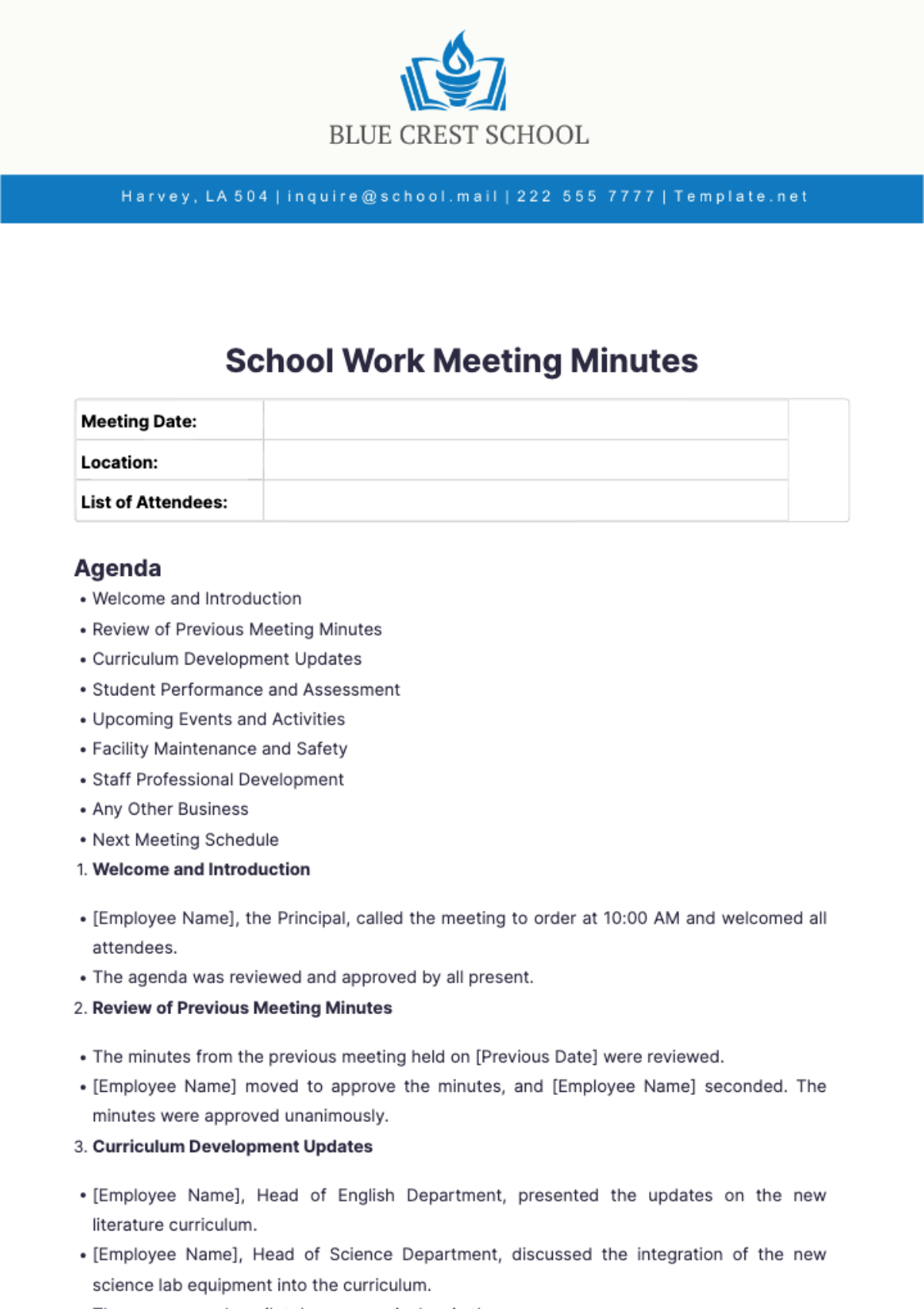 School Work Meeting Minutes Template - Edit Online & Download