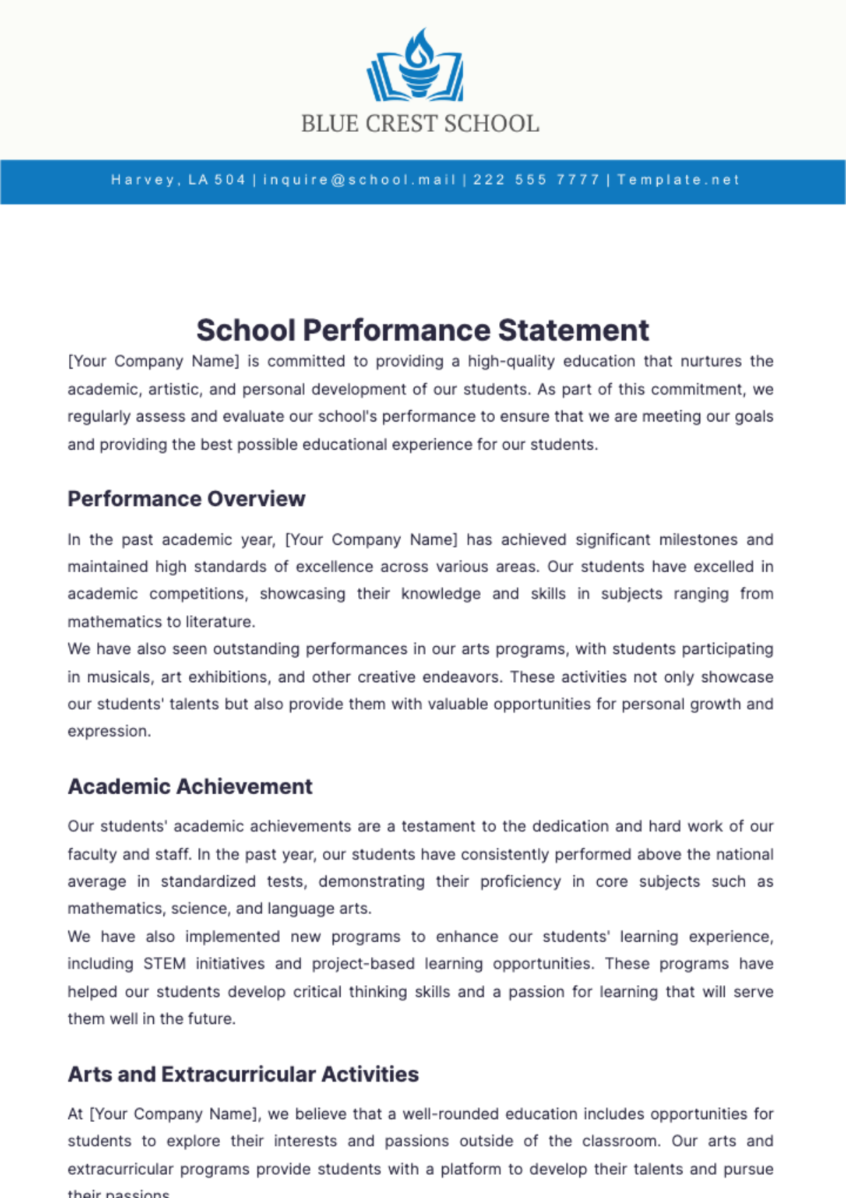 School Performance Statement Template - Edit Online & Download