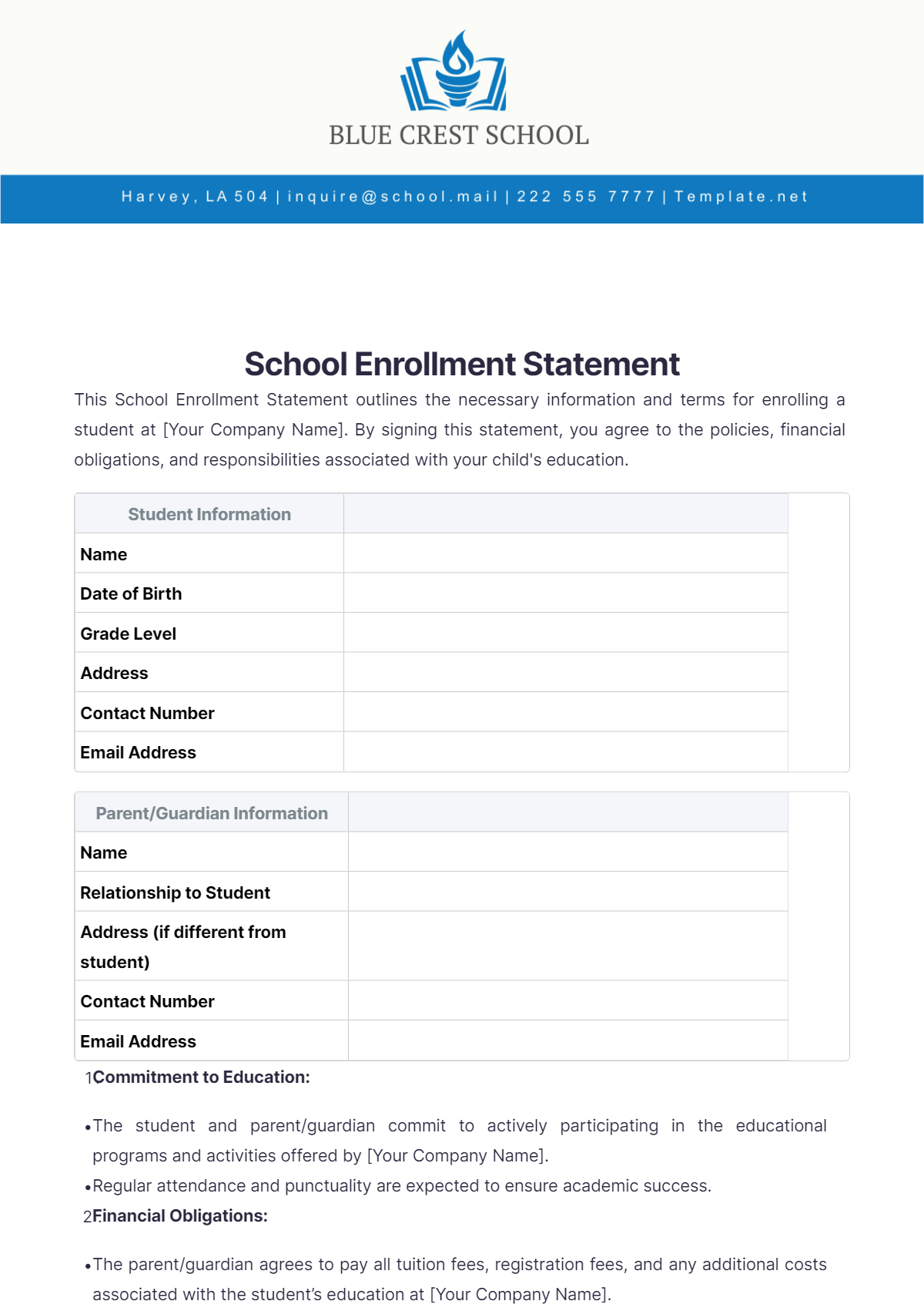 School Enrollment Statement Template - Edit Online & Download