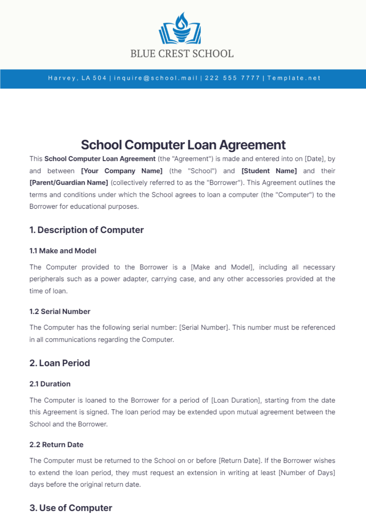 School Computer Loan Agreement Template