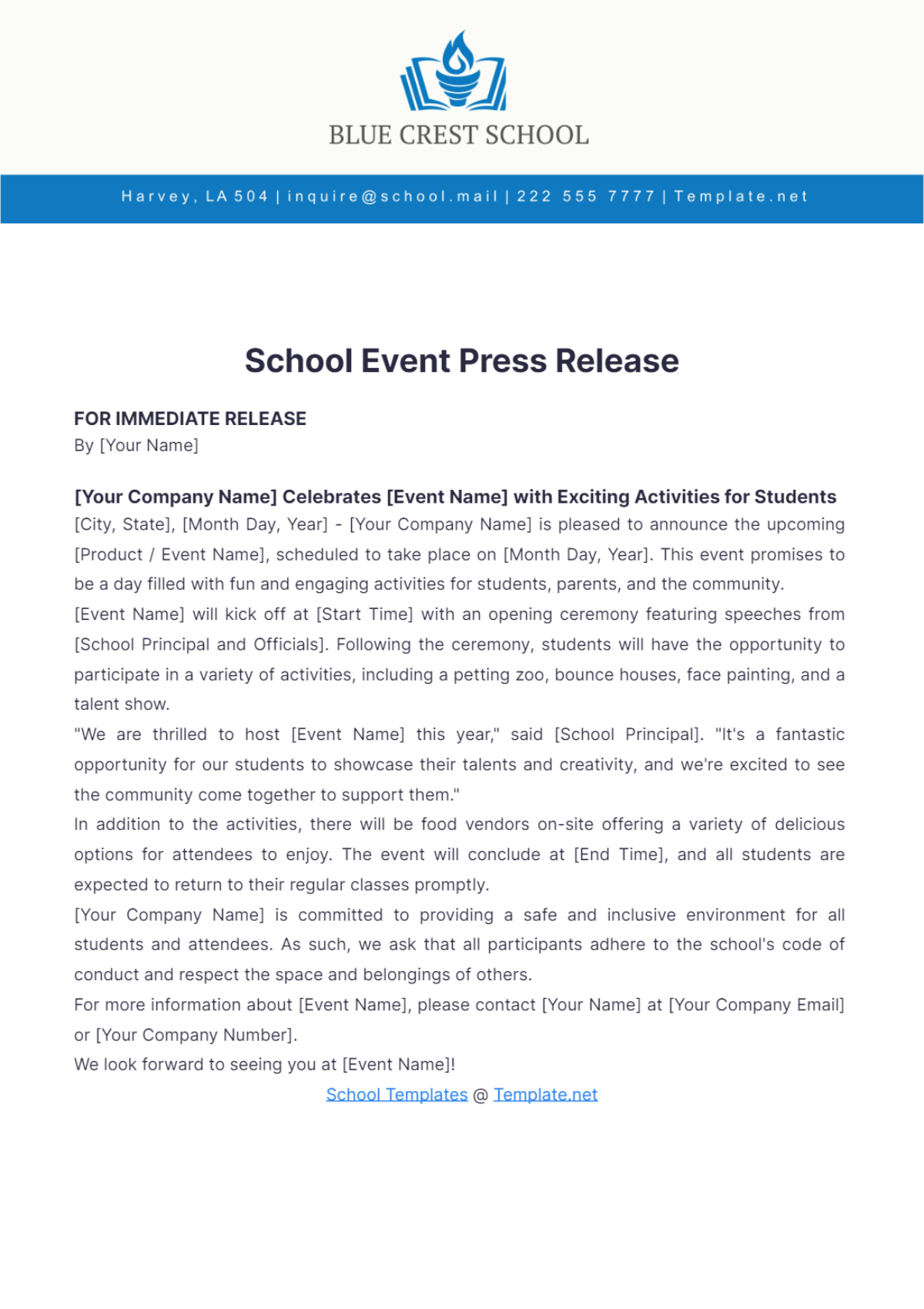 School Event Press Release Template - Edit Online & Download