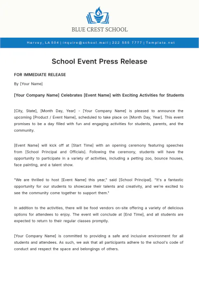 Free School Event Press Release Template to Edit Online