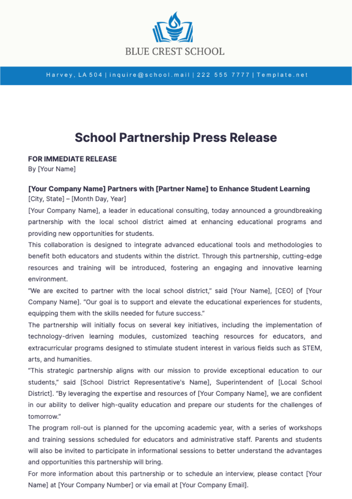 School Partnership Press Release Template - Edit Online & Download