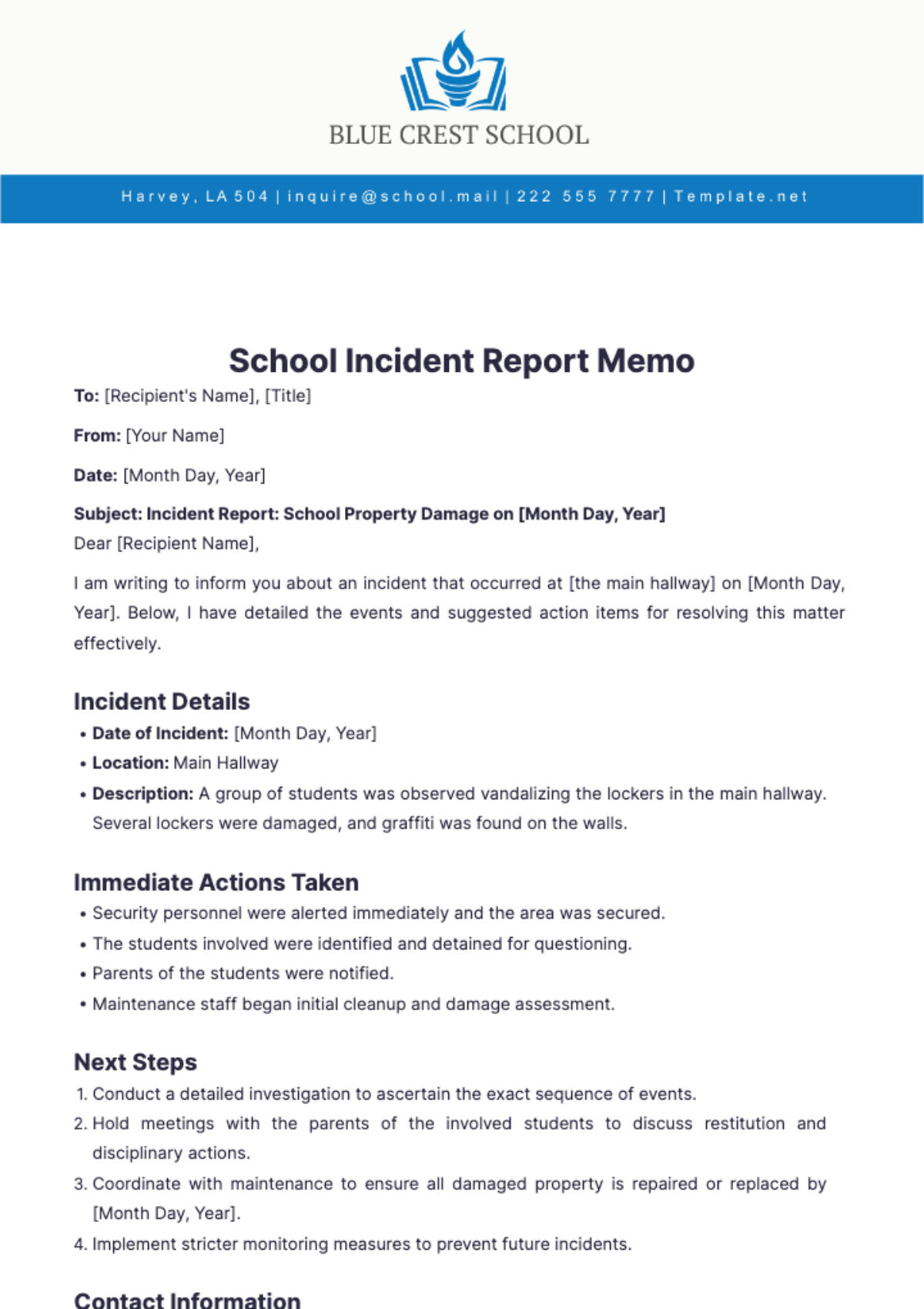 School Incident Report Memo Template - Edit Online & Download