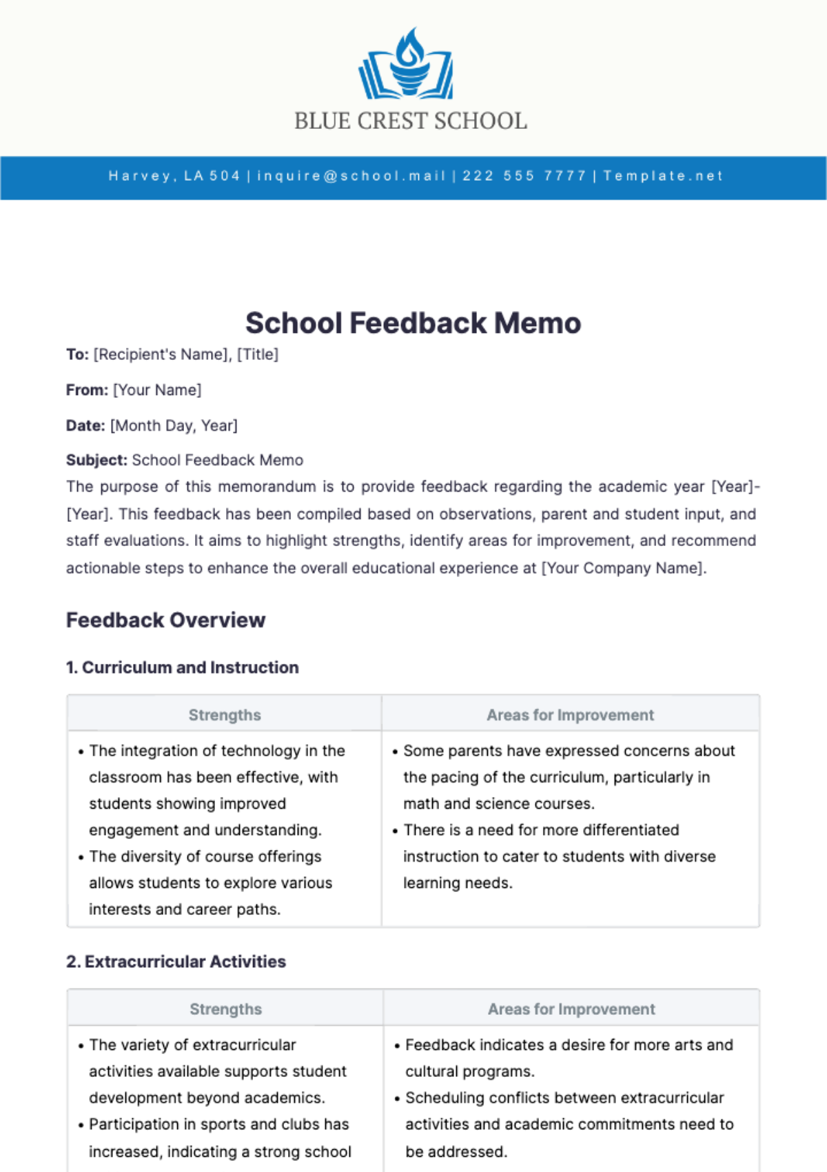 School Feedback Memo Template - Edit Online & Download