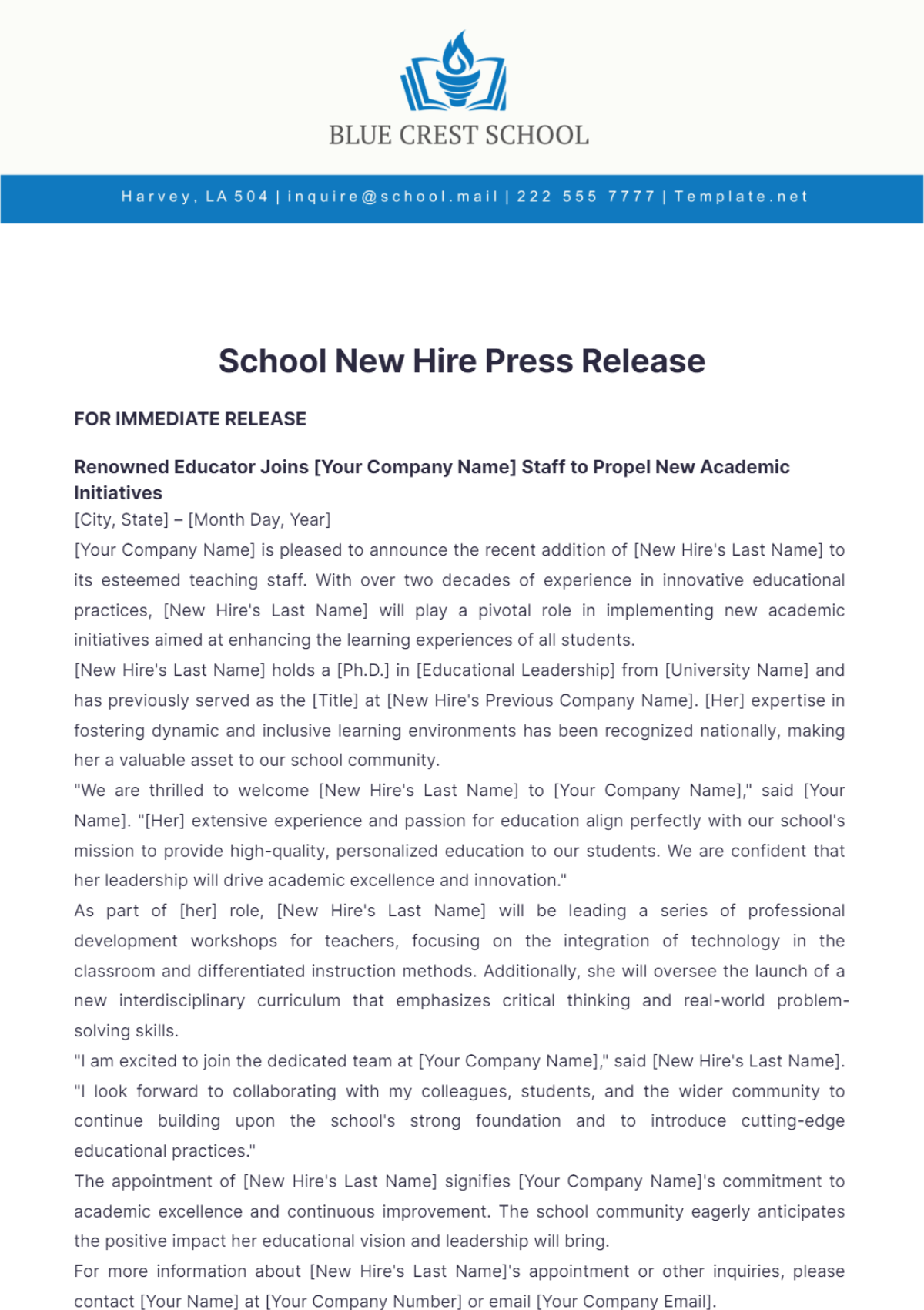 School New Hire Press Release Template - Edit Online & Download