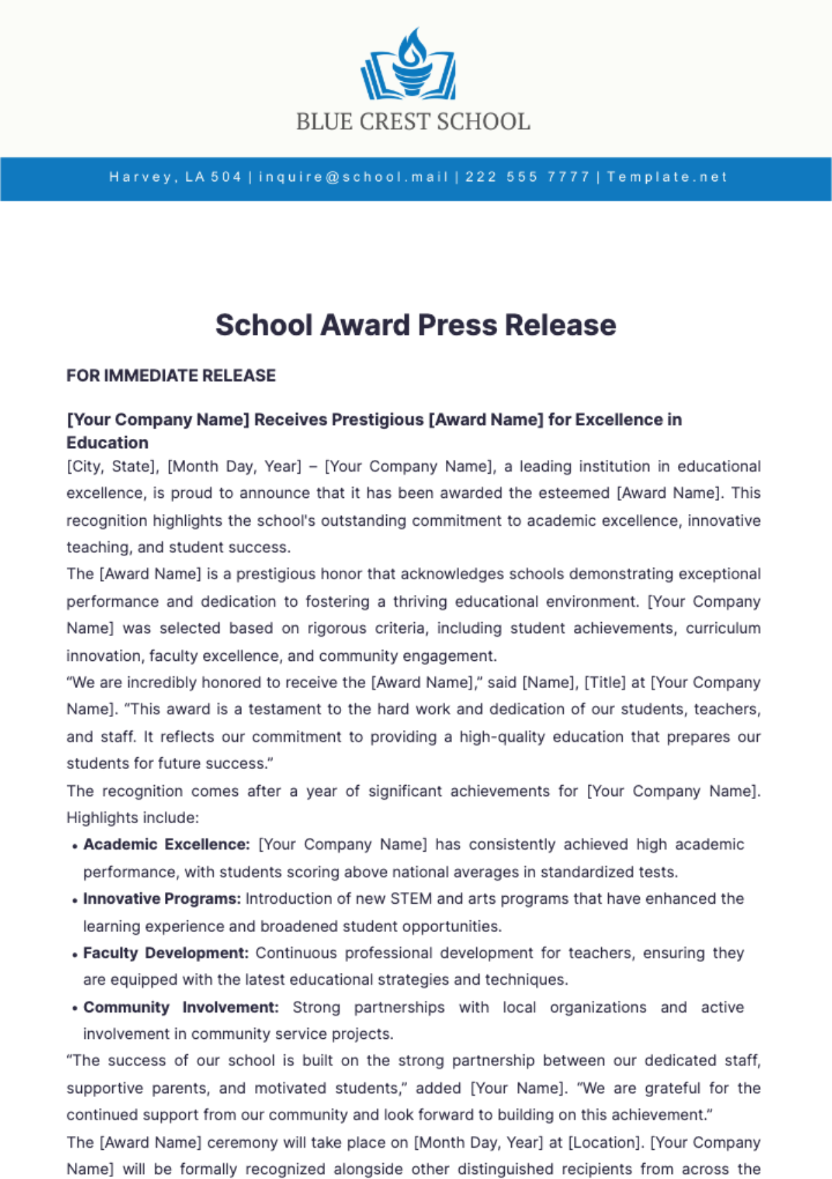 School Award Press Release Template - Edit Online & Download