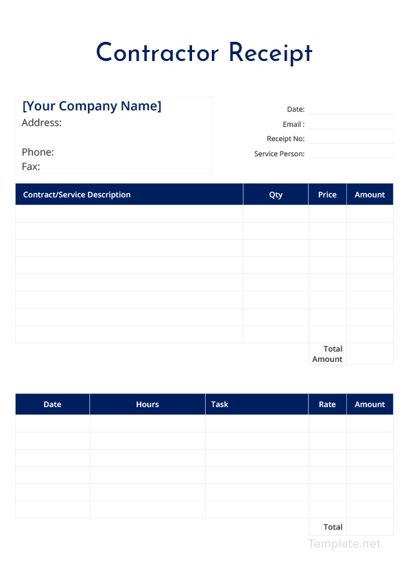 Contractor Receipt Template in Microsoft Word, Excel