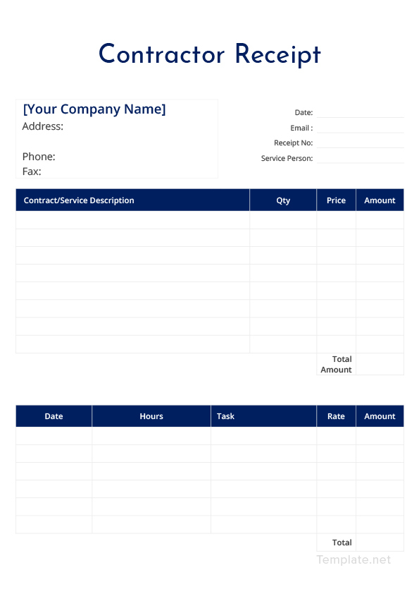 Contractor Receipt Template In Microsoft Word Excel Template
