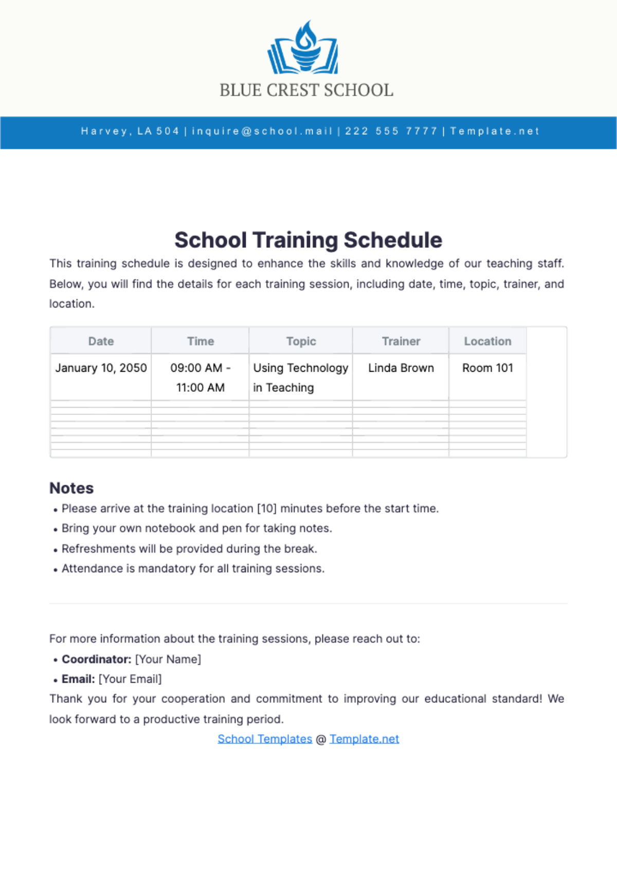 School Training Schedule Template - Edit Online & Download