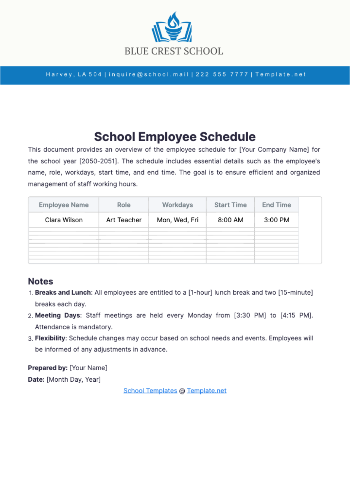 School Employee Schedule Template - Edit Online & Download