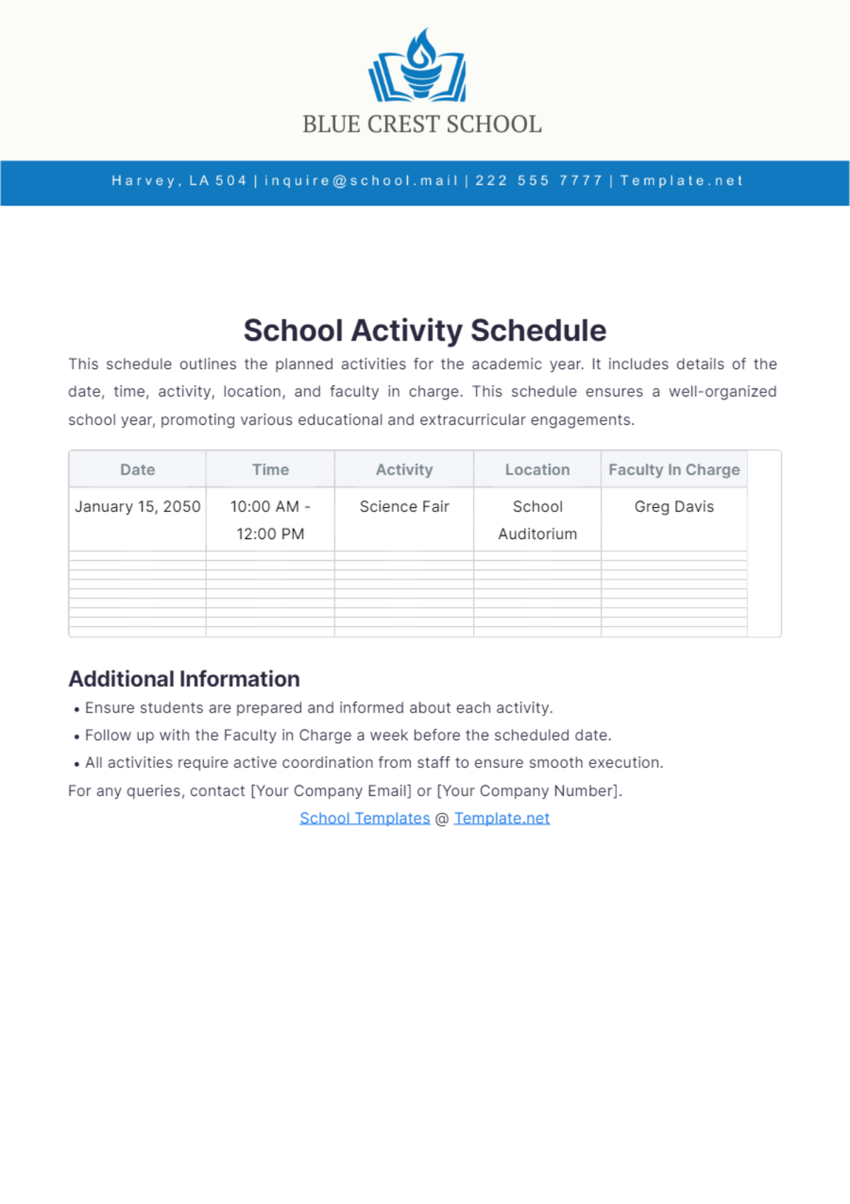 School Activity Schedule Template - Edit Online & Download