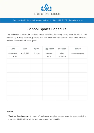 Free School Sports Schedule Template to Edit Online
