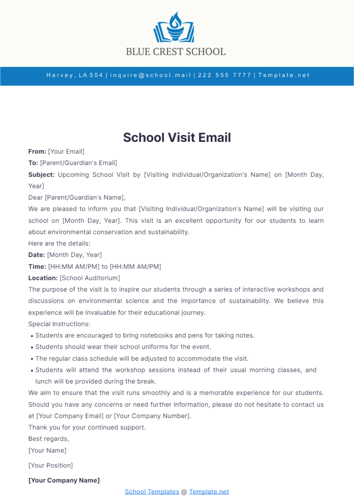 School Visit Email Template - Edit Online & Download