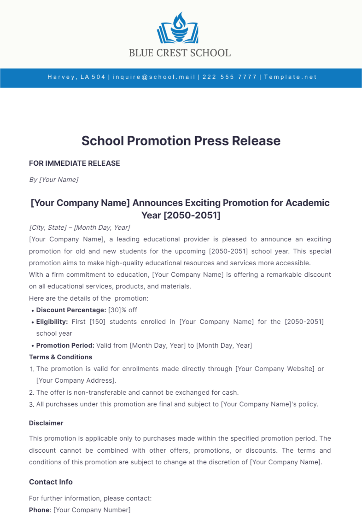 School Promotion Press Release Template - Edit Online & Download