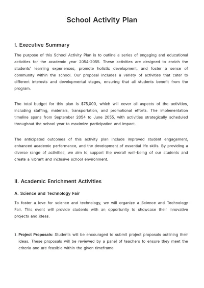 Free School Activity Plan Template to Edit Online