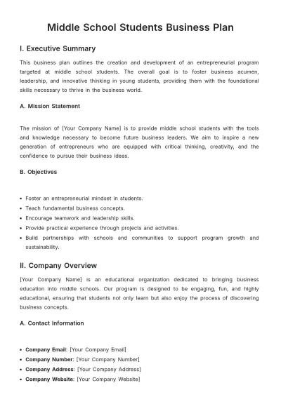 Free Middle School Students Business Plan Template to Edit Online