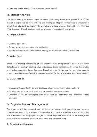 Free Middle School Students Business Plan Template to Edit Online