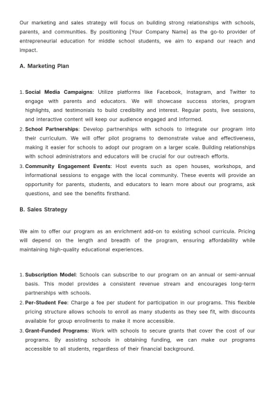 Free Middle School Students Business Plan Template to Edit Online