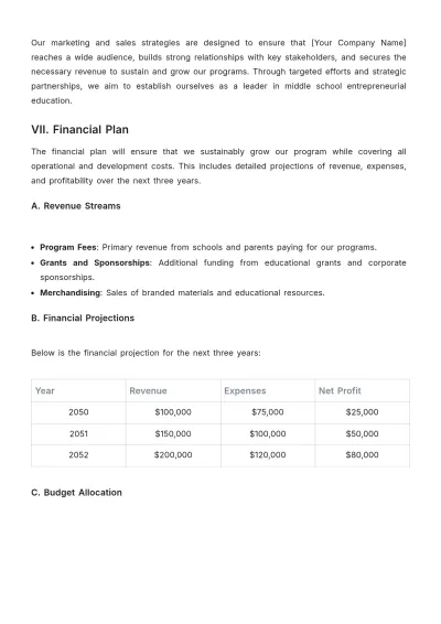 Free Middle School Students Business Plan Template to Edit Online