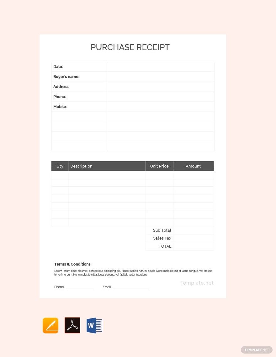 Purchase Receipt Template in Word, Google Docs, Google Sheets, Illustrator, PSD, Apple Pages, Publisher, InDesign