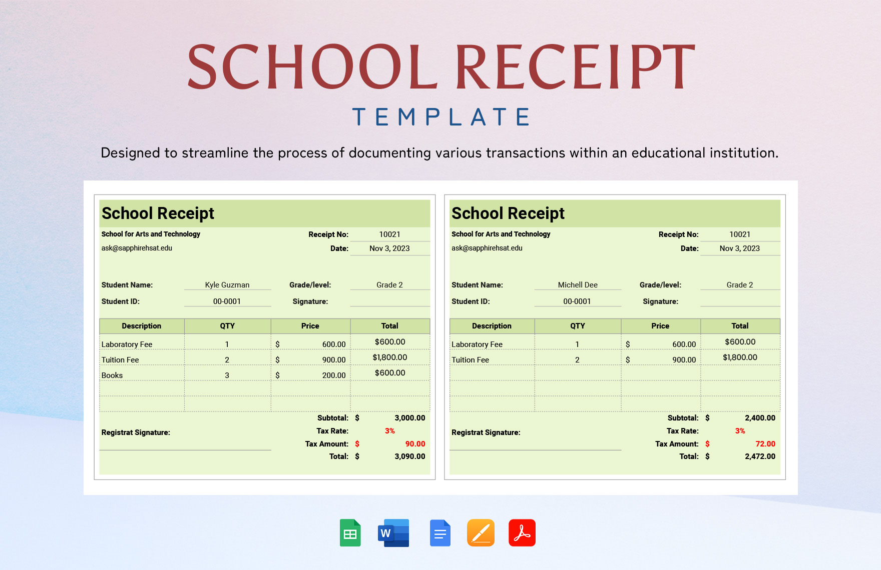 School Receipt Template - Download in Word, Google Docs, Excel, PDF ...