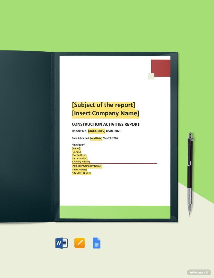 Daily Construction Activities Report Template in Word, Google Docs, Apple Pages