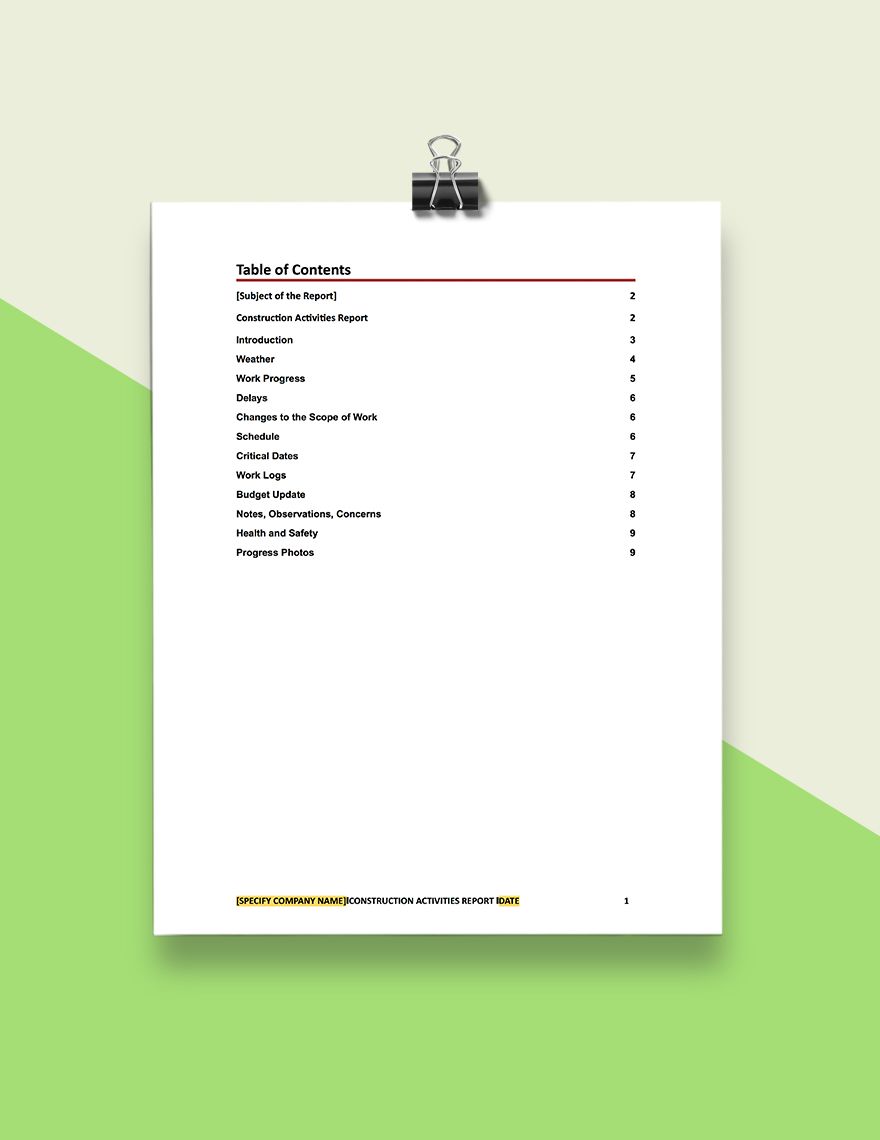 Daily Construction Activities Report Template