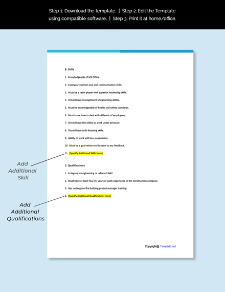 FREE Building Project Manager Job Description Template Word DOC 
