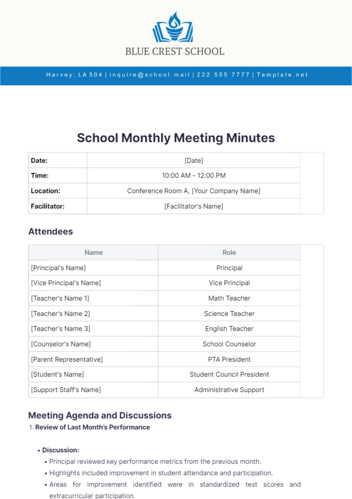 School Monthly Meeting Minutes Template - Edit Online & Download