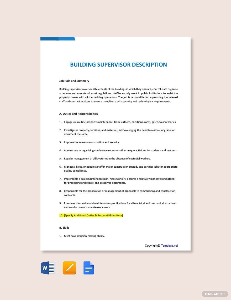 Building Supervisor Job Description Template