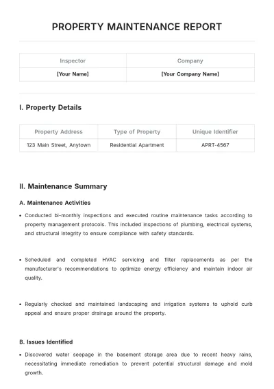 Free Property Maintenance Report Template to Edit Online