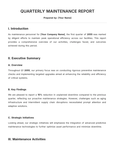 Free Quarterly Maintenance Report Template to Edit Online
