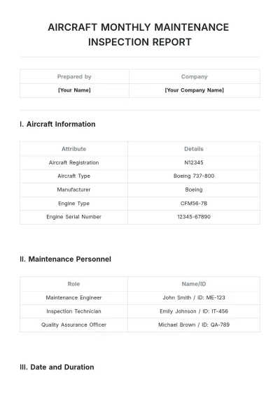 Free Aircraft Monthly Maintenance Inspection Report Template to Edit Online