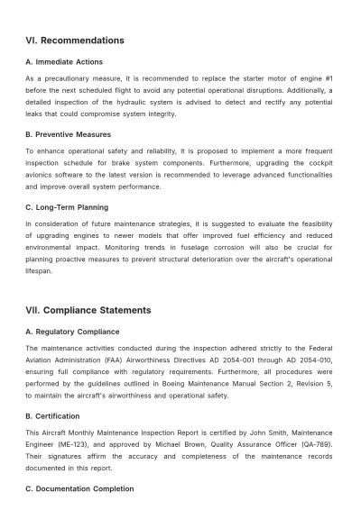 Free Aircraft Monthly Maintenance Inspection Report Template to Edit Online