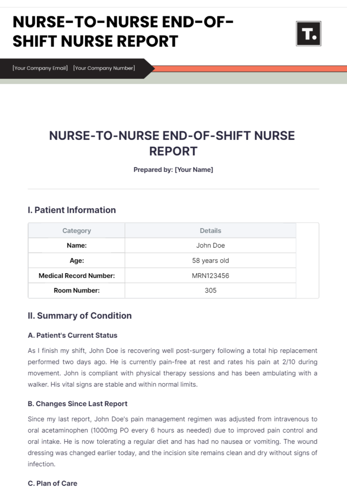 Nurse-To-Nurse End of Shift Nurse Report Template - Edit Online & Download