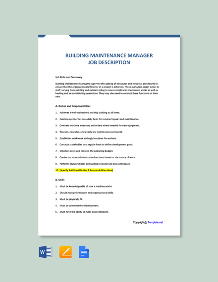 Free Building Maintenance Manager Job Description Template Word Doc Apple Mac Pages Google Docs