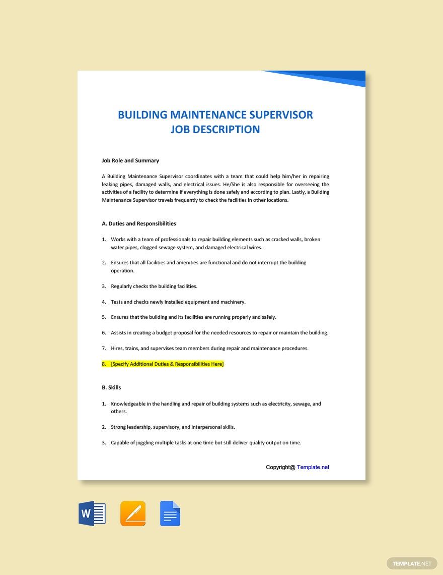 Building Maintenance Supervisor Job Description Template
